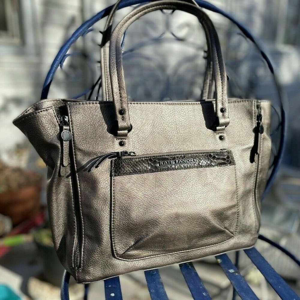 Kate Landry Leather Tote Purse Metallic Pewter w/a Bronze Textured  Accent
